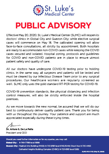 PUBLIC ADVISORY - REOPENING OF DOCTORS' CLINICS