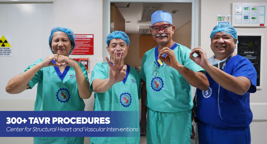 The St. Luke's TAVR Team celebrating their 300th procedure (L-R:) Dr. Ofelia Valencia, Echocardiography Specialist/ Cardiologist;
Dr. Ferdinand Alzate, Interventional Cardiologist; Dr. Fabio Enrique Posas, Head of the Center for Structural Heart and Vascular Interventions; and Dr. Marvin Martinez, Thoracic Cardiovascular Surgeon